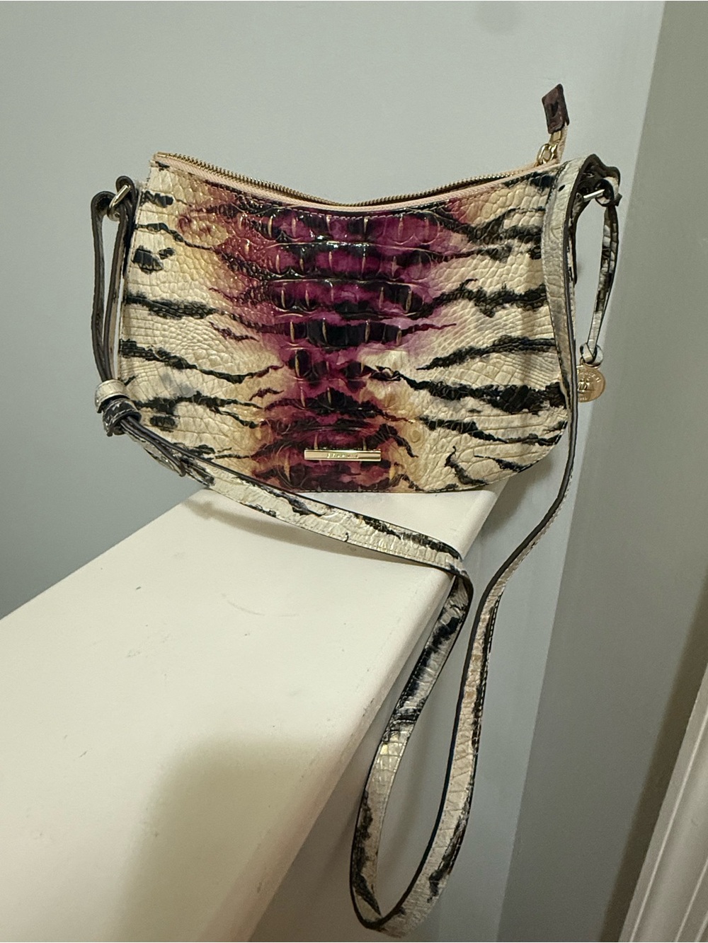 Brahmin Cream, Black & Pink Croc-Embossed Crossbody - Picture 3 of 4